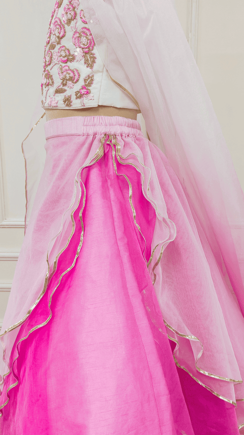 Pre-Order: Pink Ombre Shaded Embroidered Flower Ghaghra