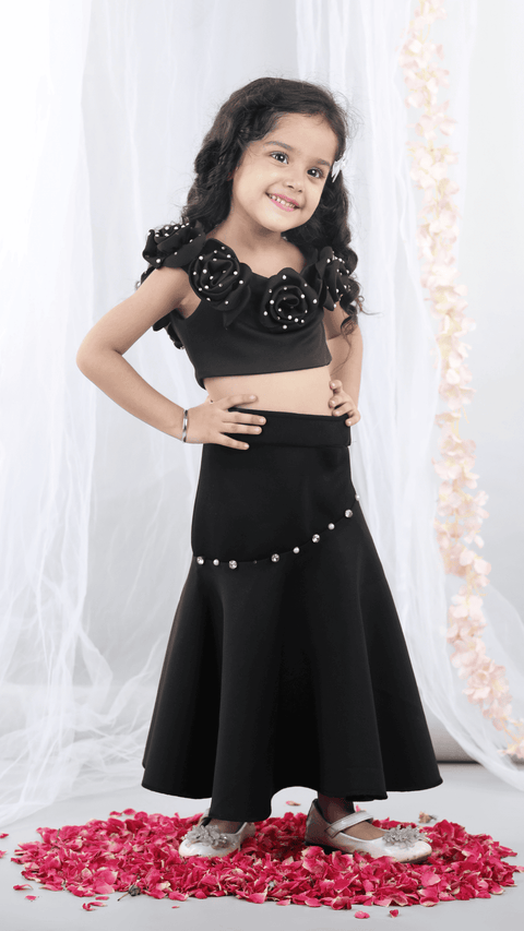 Pre-Order: Fabric Flower embllished Top with flaired Lehenga