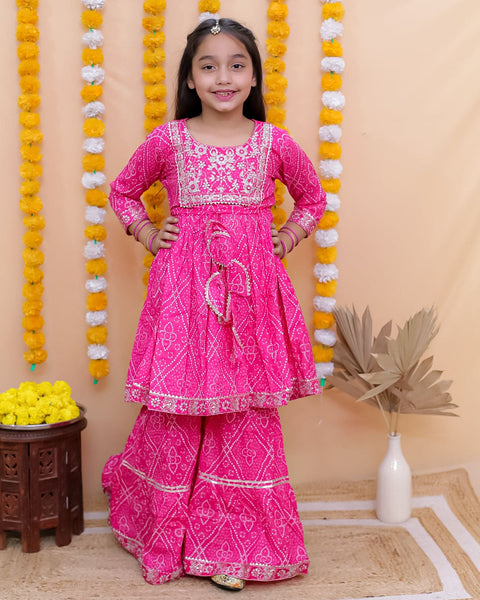 Aatya Kiids Cotton Three Fourth Sleeves Zari embroidery Kurti with Sharara - Pink.