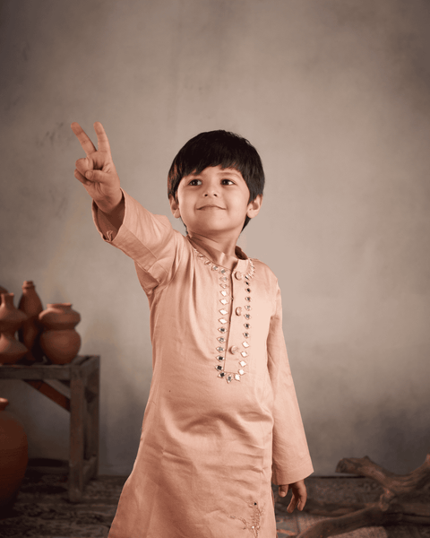 Pre-Order - PEACH MIRROR WORK BIRD KURTA