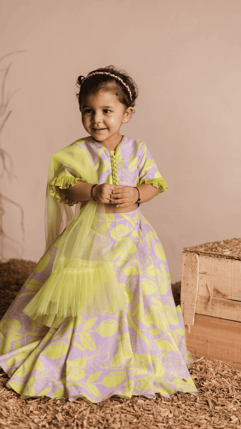 Pre-Order: Lilac Green Floral Printed Ghaghra