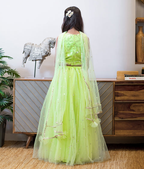 Pre-Order - Green Boti Net Lehenga Set for Girls