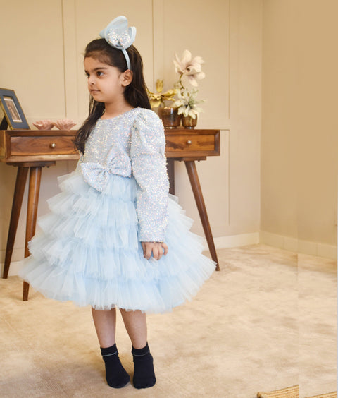 Pre-Order - Blue Embroidered Net Frock for Girls