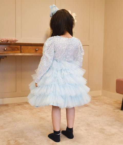 Pre-Order - Blue Embroidered Net Frock for Girls