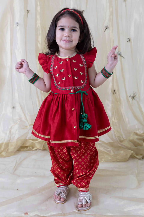 Pre-Order: Girl Cotton Silk Blend Ruffle Sleeve Combo Set - Red