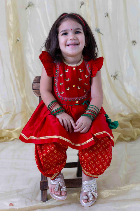 Pre-Order: Girl Cotton Silk Blend Ruffle Sleeve Combo Set - Red