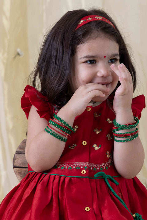 Baby Girl Chanderi Silk Ruffle Sleeves Angrakha Set - Red