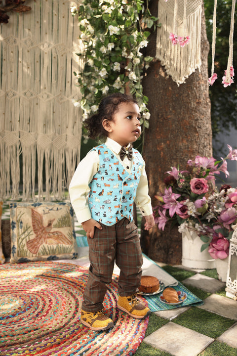 Pre Order Blue Printed  Waist Coat Set