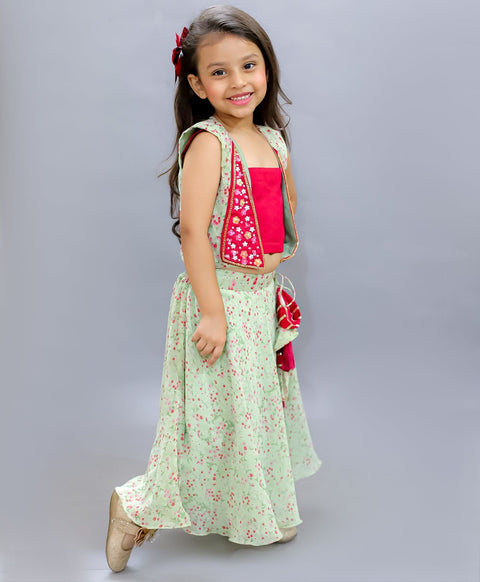 Pre-Order: Pastel green floral print lehnga with Jacket