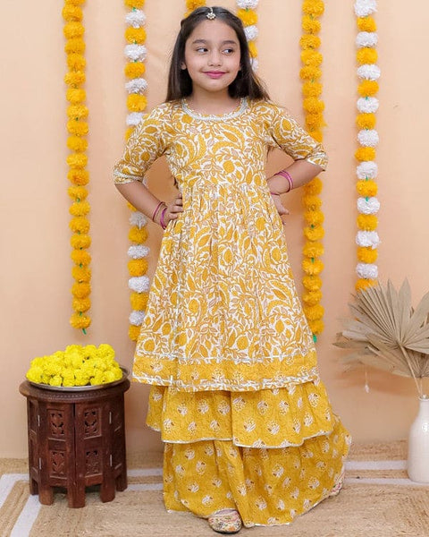Aatya Kiids Yelllow Kurta with Double layered Sharara.