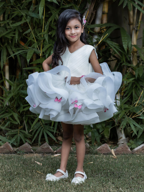 Pre-Order: Pleated Yoke Off White Butterfly Dress With Stiff Belt