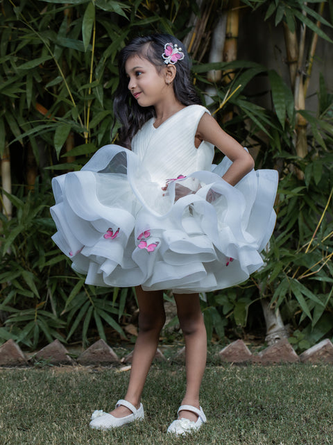 Pre-Order: Pleated Yoke Off White Butterfly Dress With Stiff Belt
