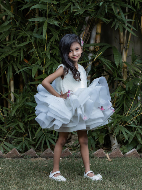 Pre-Order: Pleated Yoke Off White Butterfly Dress With Stiff Belt