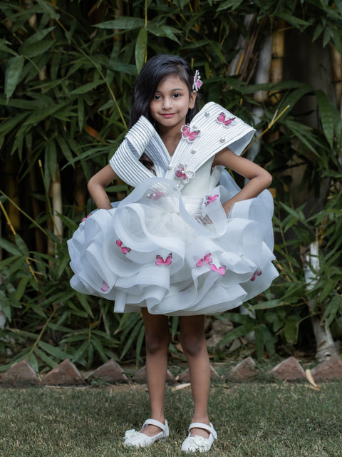 Pre-Order: Pleated Yoke Off White Butterfly Dress With Stiff Belt