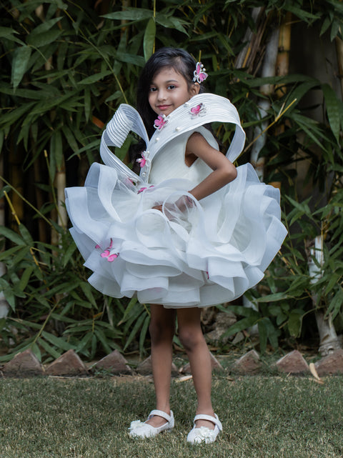 Pre-Order: Pleated Yoke Off White Butterfly Dress With Stiff Belt