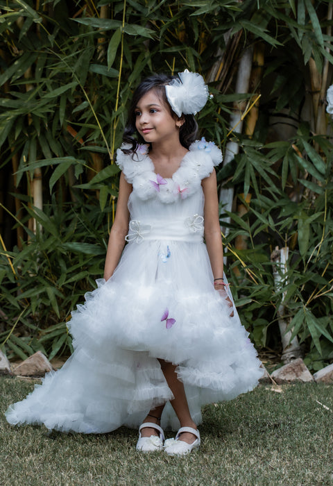 Pre-Order: Butterfly Net Off White Trail Dress With Matching Bow Hair Clip