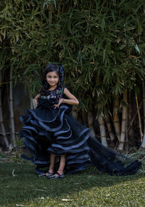Pre-Order: Beautiful Ruffle Net Black Gown with Drape