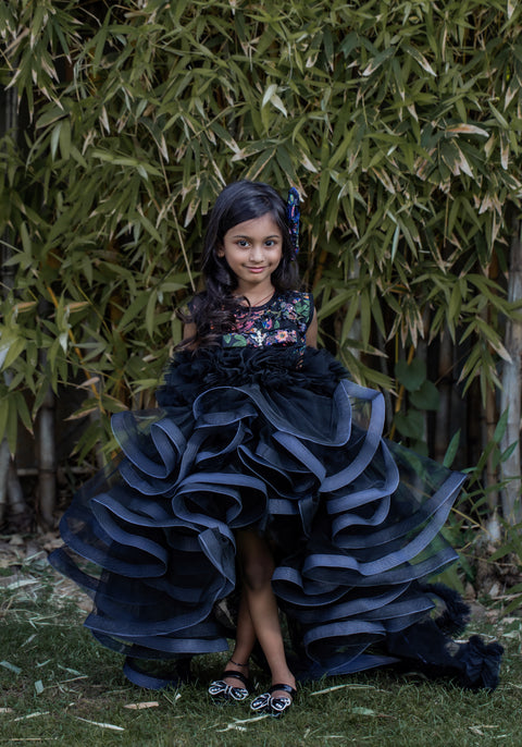 Pre-Order: Beautiful Ruffle Net Black Gown with Drape