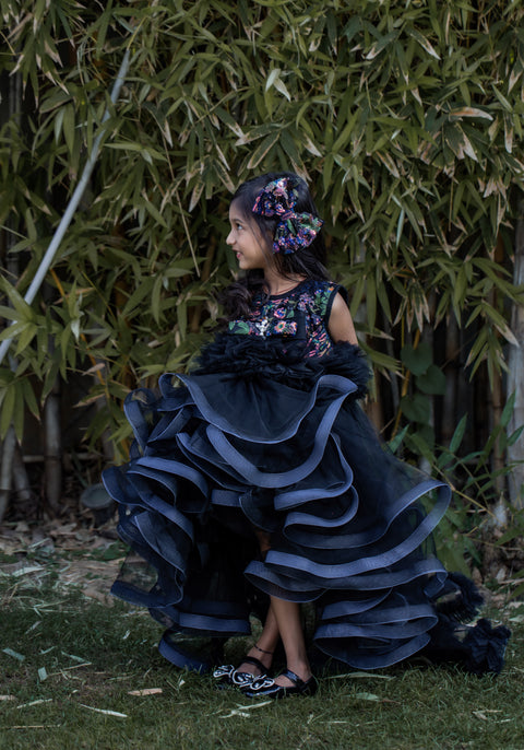 Pre-Order: Beautiful Ruffle Net Black Gown with Drape