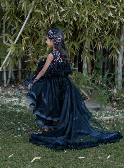 Pre-Order: Beautiful Ruffle Net Black Gown with Drape