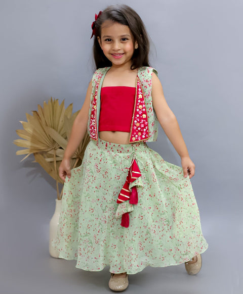 Pre-Order: Pastel green floral print lehnga with Jacket