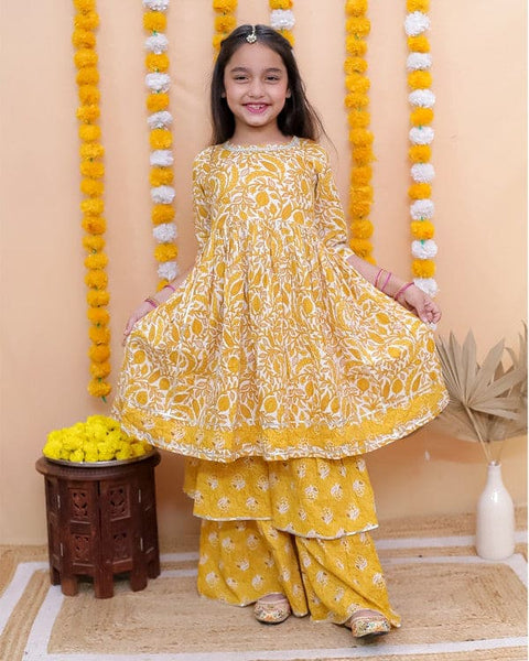 Aatya Kiids Yelllow Kurta with Double layered Sharara.