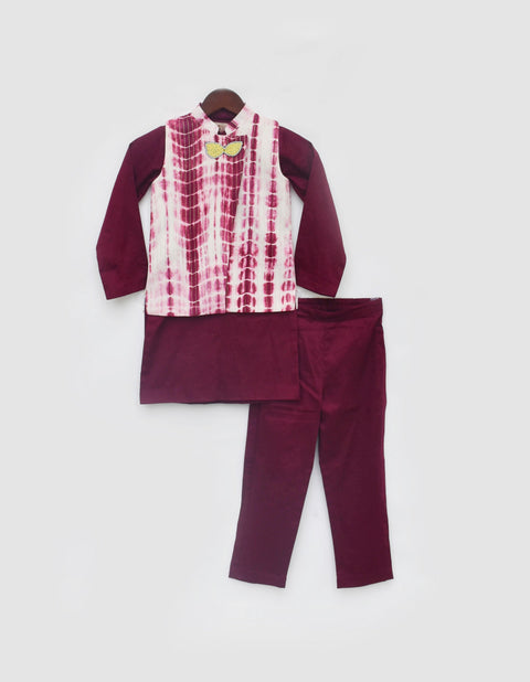 Pre Order: Maroon Tie and Dye Nehru Jacket with Kurta and Pant