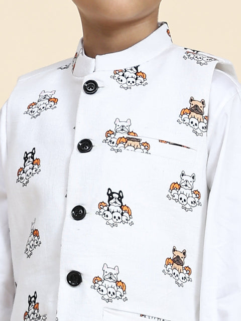 Pre-Order: Dog Print Linen Koti with Pure Cotton White Kurta Pajama Set