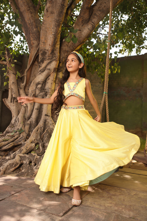 Pre Order: Yellow Crop Top with Pant and Printed Cape
