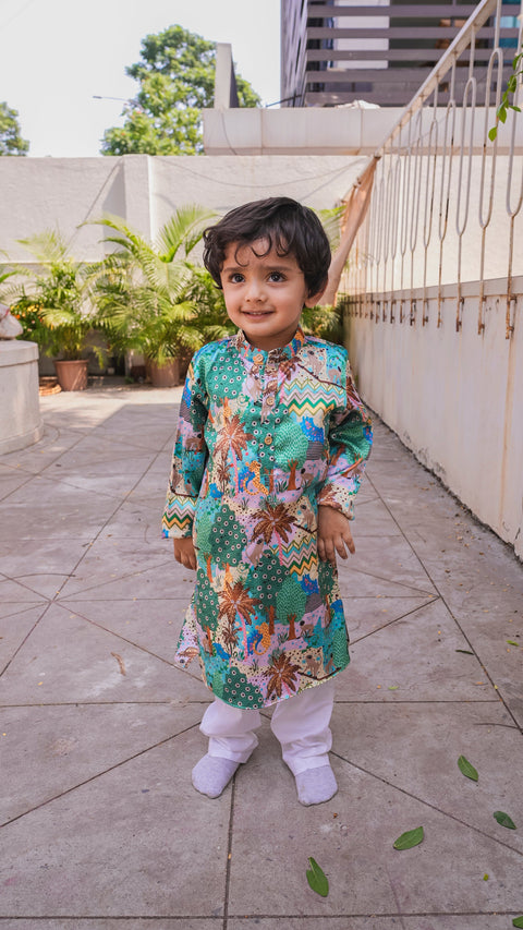 Pre-Order: Monkey Print Satin Kurta and Pure Cotton Pajama Set
