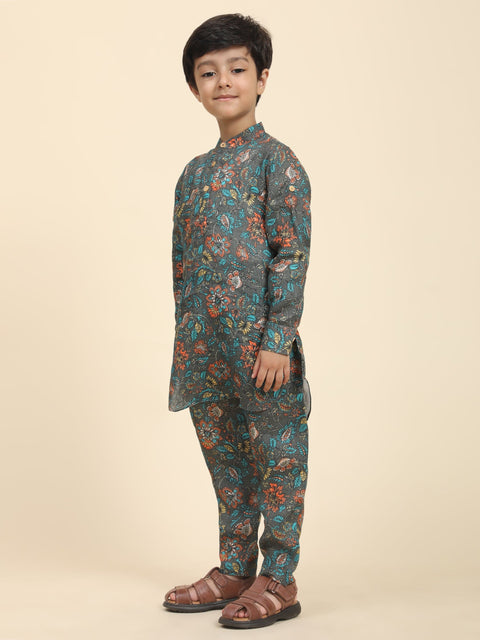 Pre-Order: Dark flowers Print Pure Linen Kurta  and Pajama Set