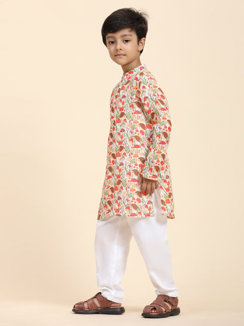 Pre-Order: Mushroom Print Pure Linen Kurta  and Premium Cotton Pajama Set
