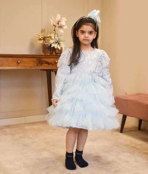 Pre-Order - Blue Embroidered Net Frock for Girls