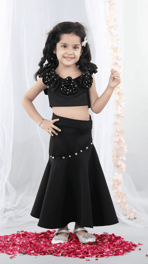 Pre-Order: Fabric Flower embllished Top with flaired Lehenga