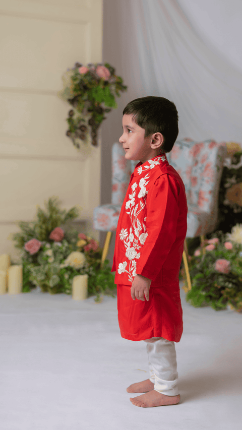 Pre-Order: Red And White Embroidered Nehru With Kurta And Churidar
