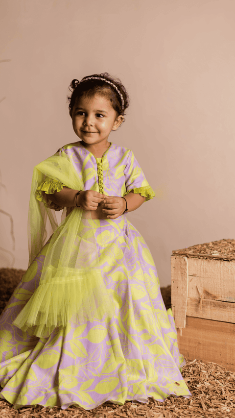 Pre-Order: Lilac Green Floral Printed Ghaghra