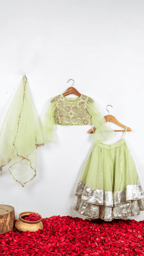 Pre-Order: Light Green Gota Embroidered Blouse with Double Layered Ghaghra
