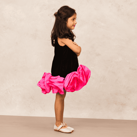 Pre-Order: Boho Black Velvet Dress with Pink Flowers