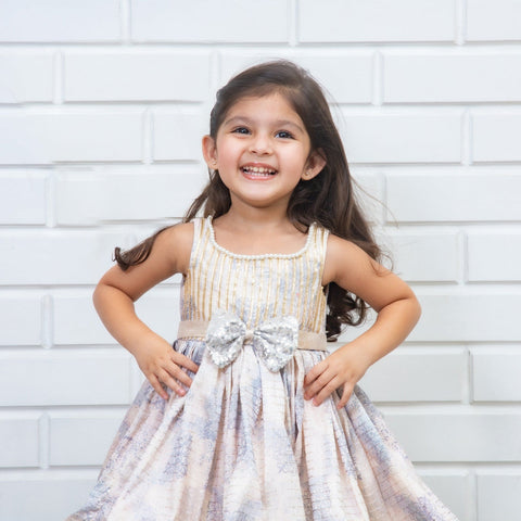 Pre-Order: Lavish Printed Dress with Sequins Embroidered Bow