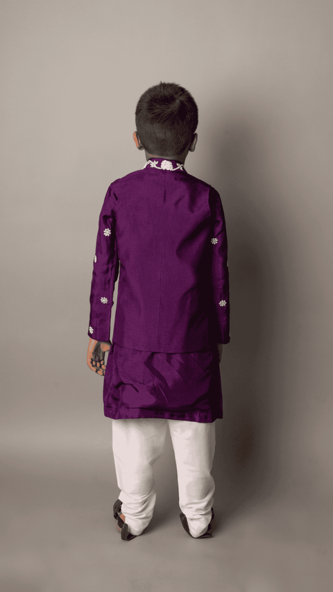 Pre-Order: Purple, White Pearl Embroidered Nehru with Kurta Churidaar