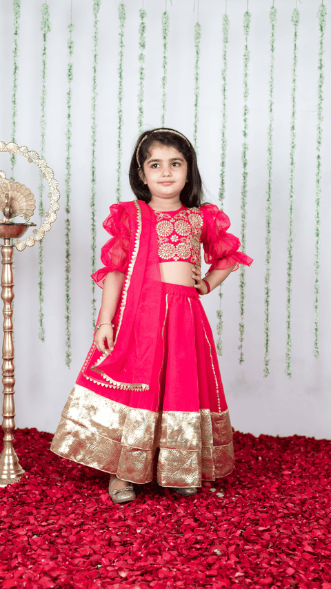 Pre-Order: Pink Gota Embroidered Blouse with Double Layered Ghaghra