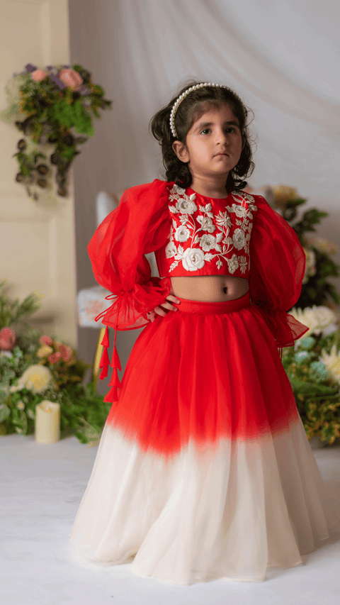 Pre-Order: Red And White Embroidered Blouse With Ghaghra And Dupatta