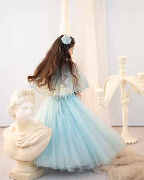 Pre-Order: Blue floral cape lehenga
