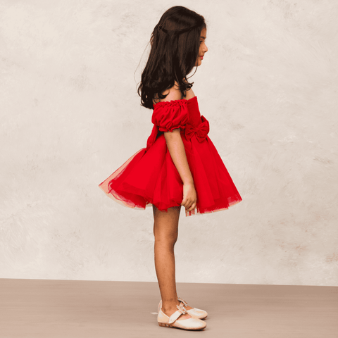 Pre-Order: Sleek red velvet off-shoulder dress