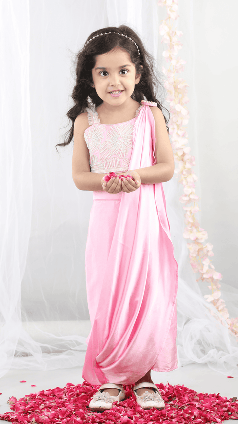 Pre-Order:Pearl embroidered   top with Dupatta and stitched Dhoti