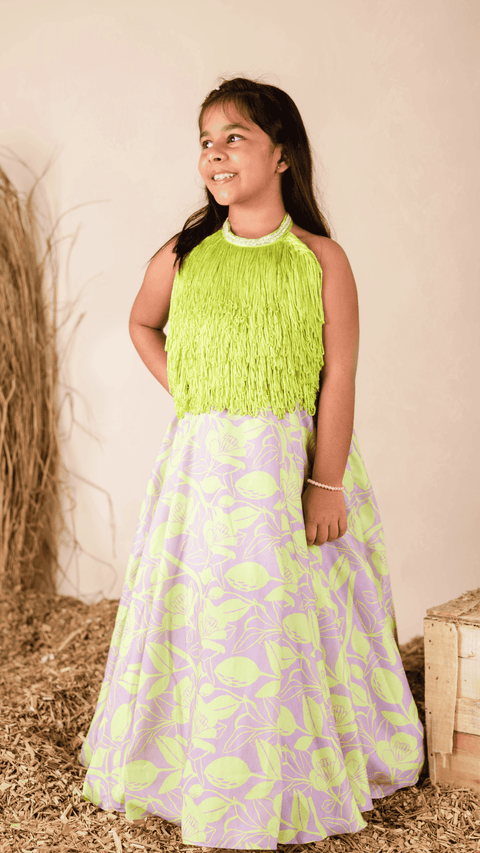 Pre-Order: Lilac Green Fringe Ghaghra Set