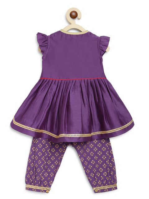 Baby Girl Chanderi Silk Ruffle Sleeves Combo Set - Purple