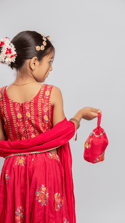Pre-Order: RED BIG FLORAL PRINTED LEHENGA SET