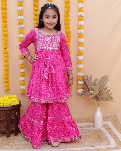 Aatya Kiids Cotton Three Fourth Sleeves Zari embroidery Kurti with Sharara - Pink.