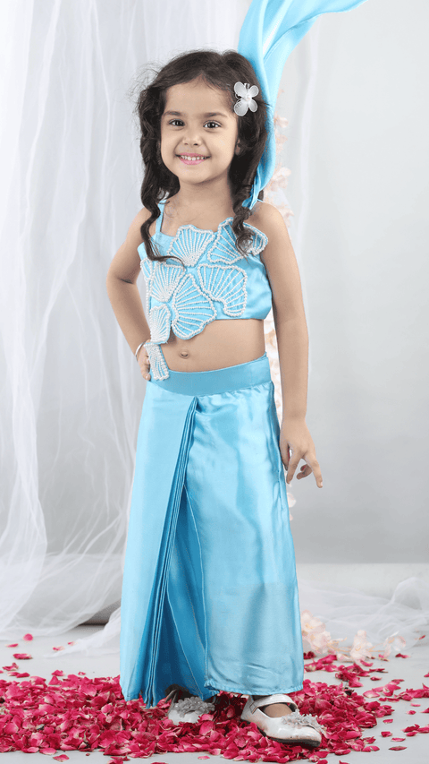 Pre-Order: Pearl embroidered sea shell embillished top with attached Dupatta and stitched Dhoti